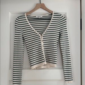 Madewell Cream and Dark Green Striped Cardigan
